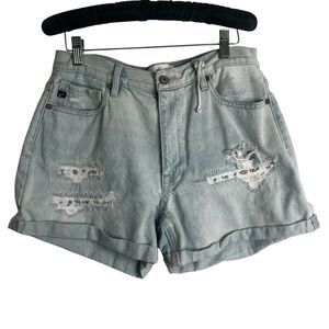 NWOT Kancan Womens Shorts Sz Large Daisy Denim Light Wash Roll Up Festival